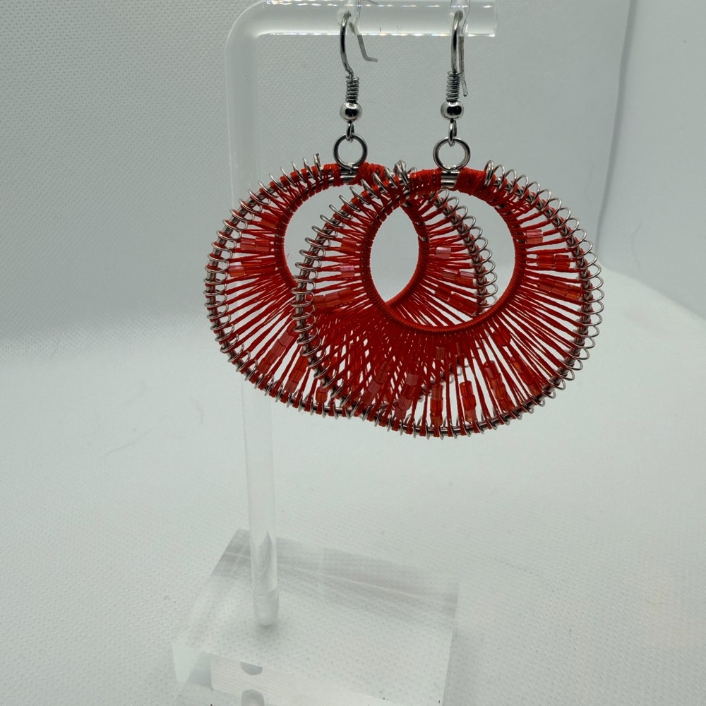 Red Wire Wrap Hoop Drop Earrings | Statement Boho